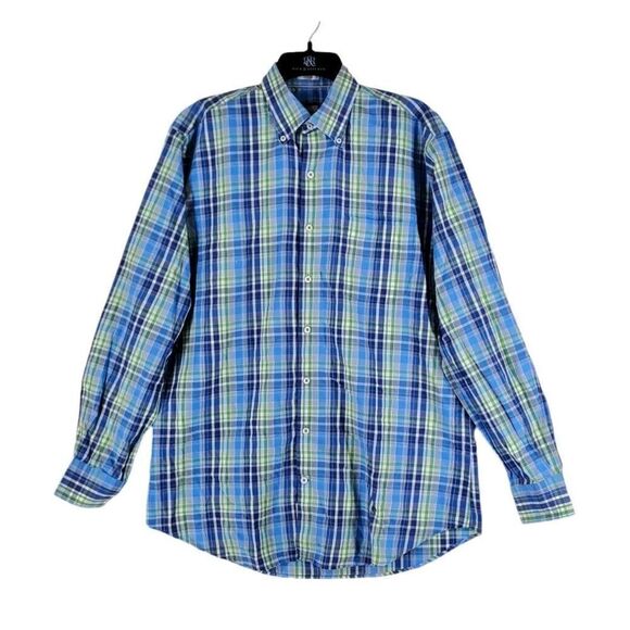 Peter Millar Crown Sport LS Button Down Shirt Men L Plaid Blue Green White Multi - Picture 10 of 11